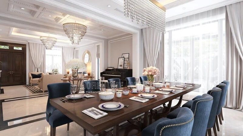 Thiết kế nội thất phòng ăn gỗ óc chó đẹp sang trọng tại biệt thự Palm Garden tân cổ điển cao cấp.