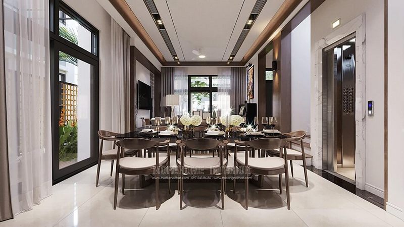 Chúng tôi đã thiết kế một phòng ăn đẹp bằng gỗ óc chó cho biệt thự Starlake Tây Hồ Hà Nội.